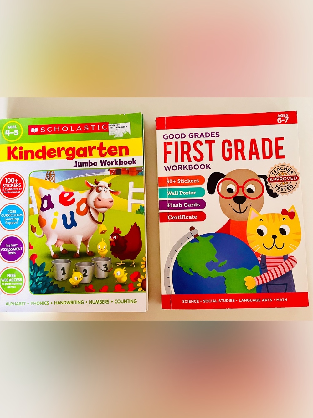 TWO Scholastic Kindergarten and First Grade Jumbo Workbooks